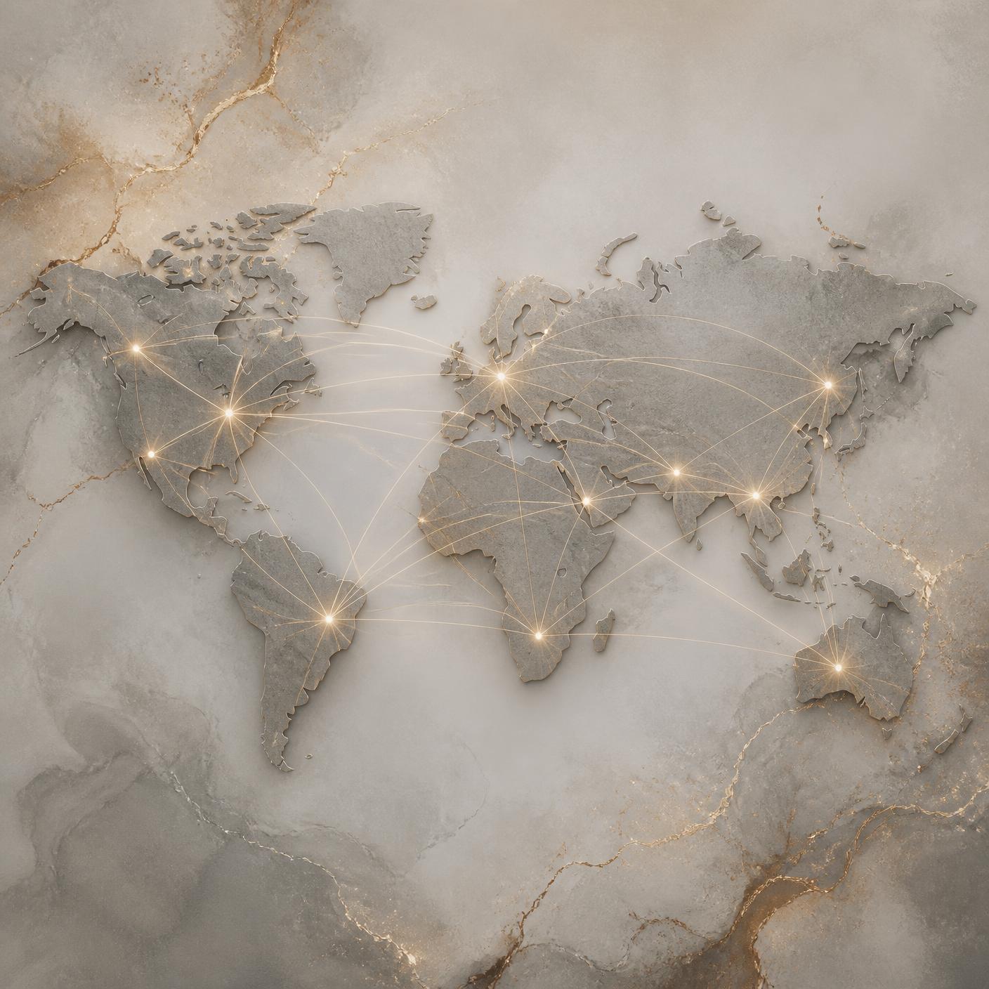 Neutral stone world map with light lines linking continents