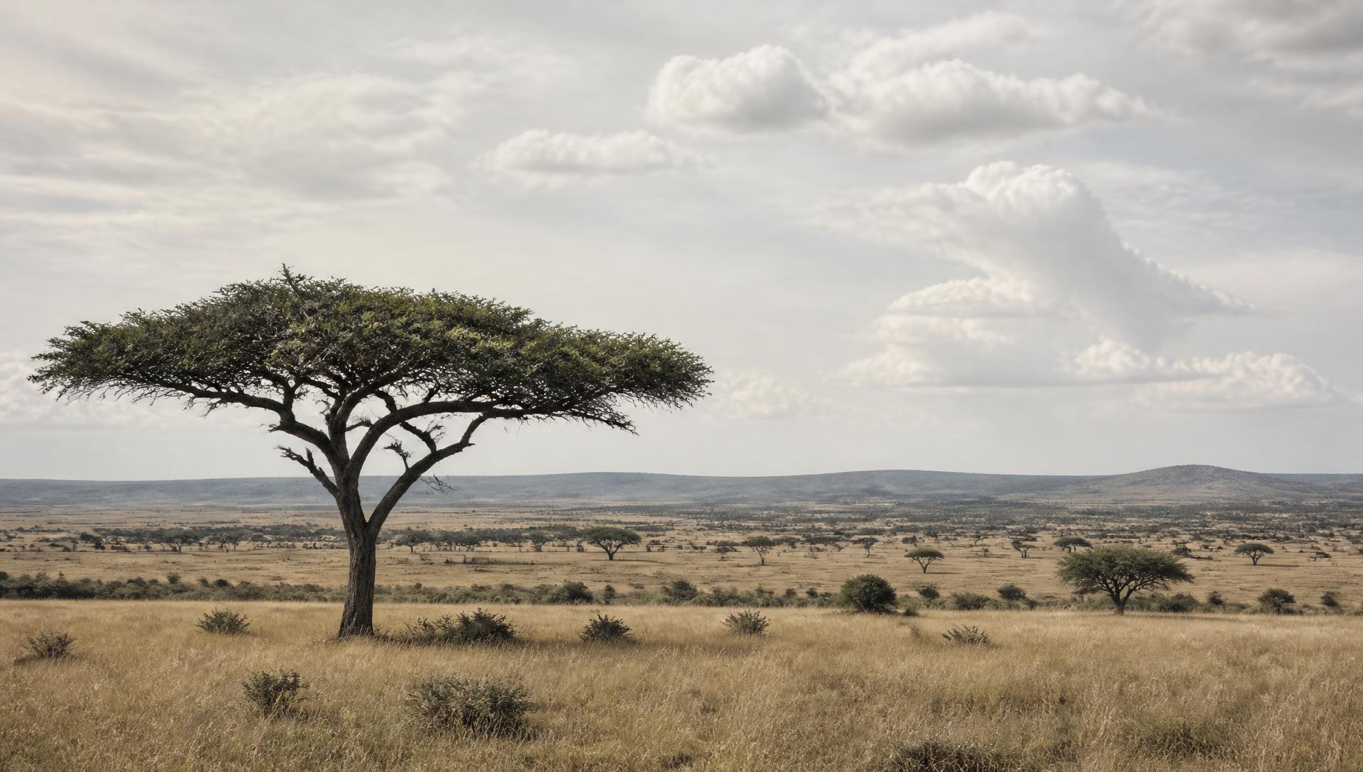 Maasai Mara plains with a lone acacia tree under a wide daytime sky